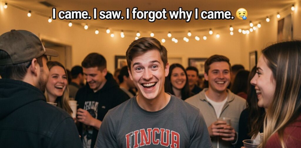 Funny frat boy Instagram captions showing happy young man enjoying frat party