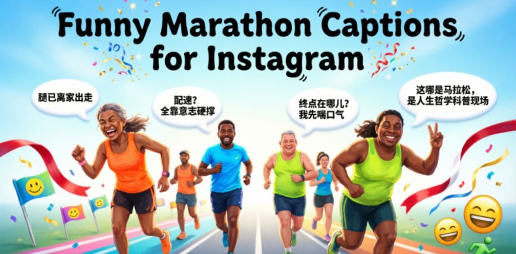 Funny Marathon Captions for Instagram’, suggesting a collection of humorous caption ideas related to marathon running and fitness posts for social media.