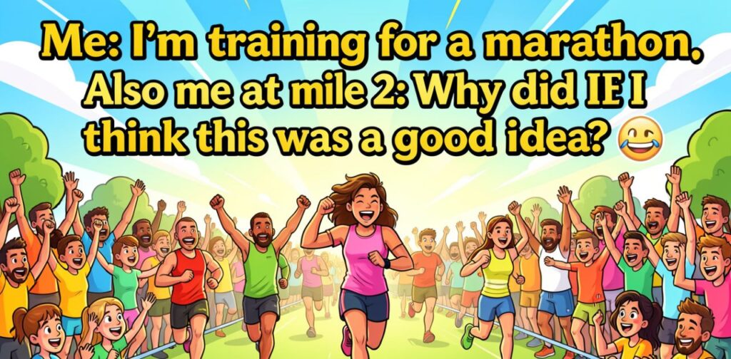 Runner laughing and looking exhausted during a marathon, wearing colorful sportswear, capturing a fun moment perfect for funny Instagram captions and fitness humor
