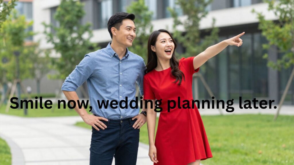 Funny engaged couple making silly faces during a pre wedding photoshoot, laughing together in a candid outdoor setting at sunset, perfect for funny pre wedding shoot captions for Instagram.