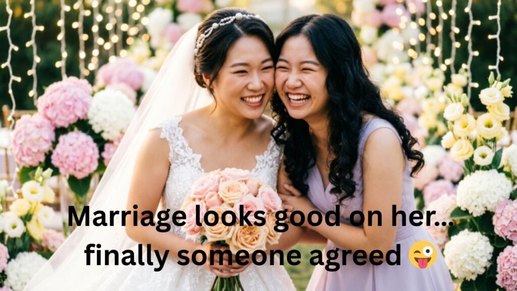 A bride and her sister laughing and goofing around on the wedding day, sharing playful moments full of joy, humor, and sisterly love – perfect for Funny Sister Wedding Captions for Instagram.