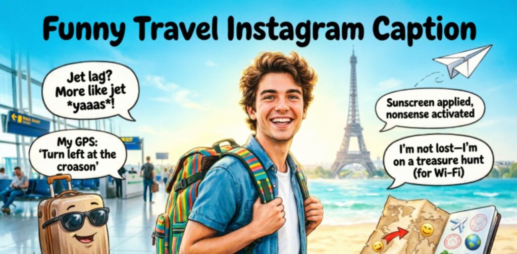 Funny Travel Instagram Caption’, suggesting humorous caption ideas related to travel, vacations, and exploring new places.