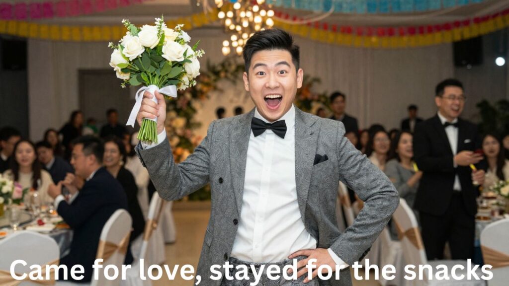 Funny wedding guest striking a playful pose at a decorated venue — perfect for Funny Wedding Guest Captions for Instagram. 