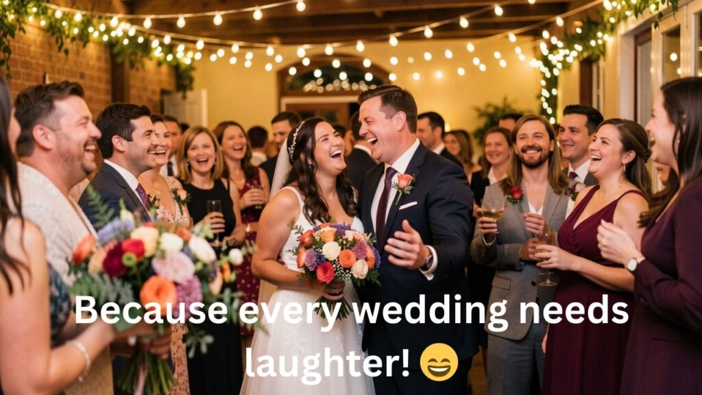 Cheerful wedding scene with smiling guests and couples, colorful decorations, and festive lights, highlighting funny wedding season captions for Instagram.