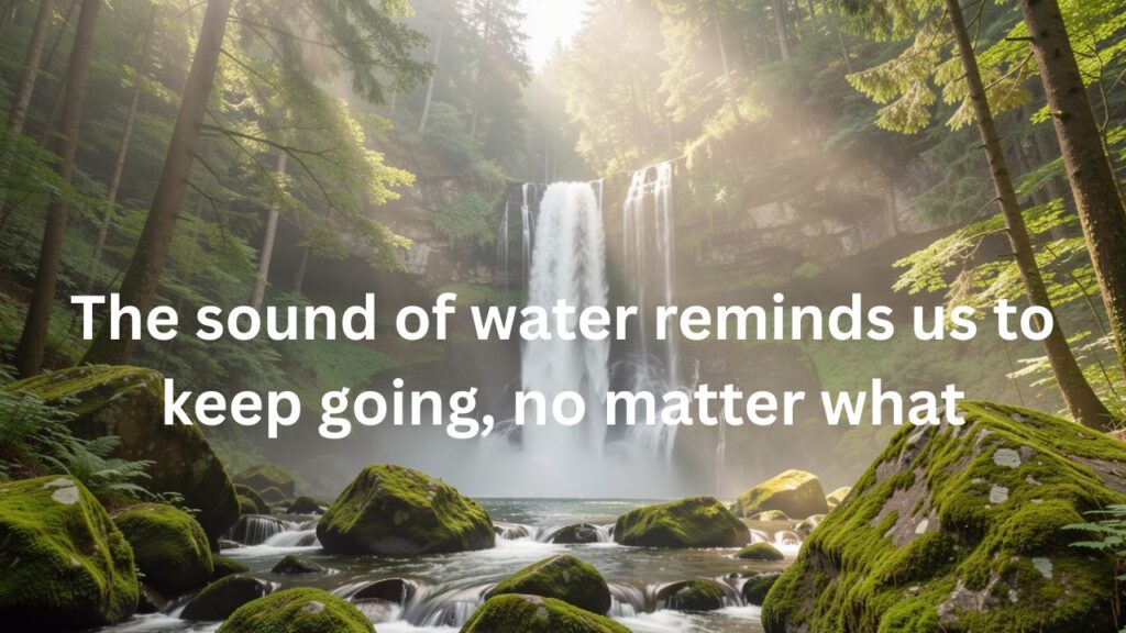 A majestic waterfall cascading down a lush green mountainside, sunlight sparkling through the mist, symbolizing inspiration and serenity.