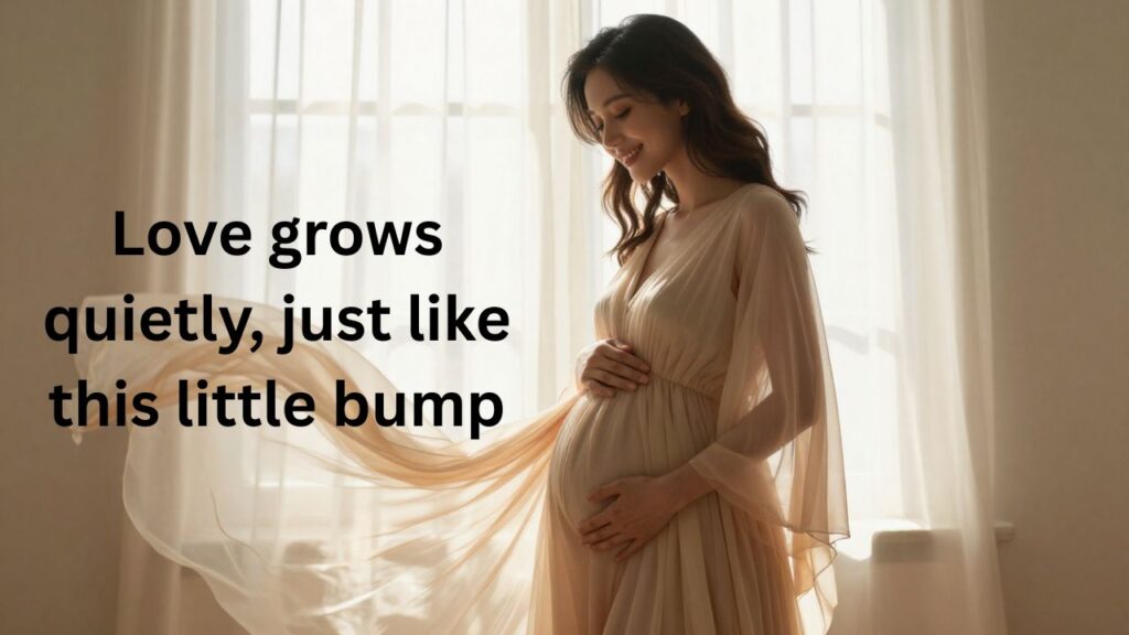 Mom-to-be wearing flowing dress, gently cradling her small-to-medium baby bump.