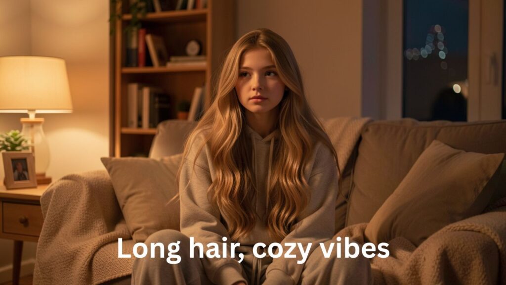 Girl with long, cozy hair in a relaxed late-night setting, perfect for Instagram posts, showing shine, softness, and comfort.
