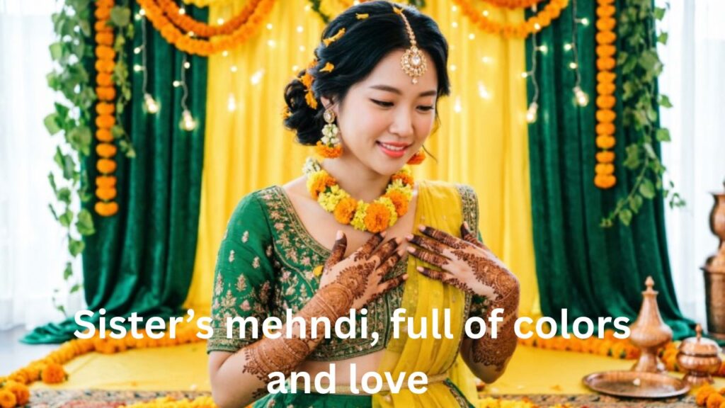 Mehndi Captions for Sister Wedding: Sister celebrating at the mehndi ceremony, hands adorned with intricate henna designs, surrounded by colorful decorations and joyful moments.
