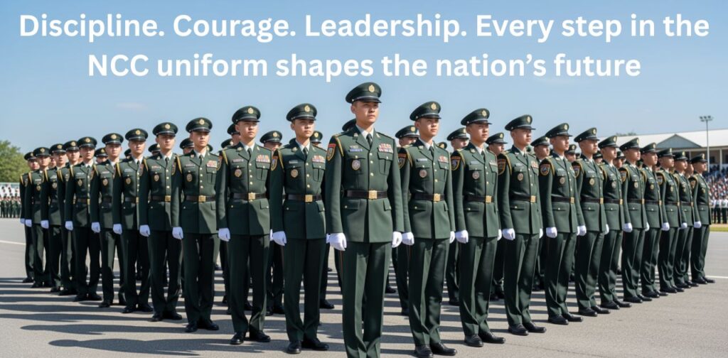 Motivated NCC cadets standing in uniform during parade, showing discipline, leadership, and pride for the nation, inspiring young people to join the National Cadet Corps.