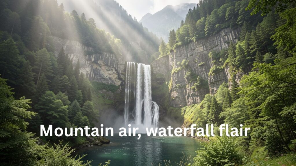 Mountain Waterfall Captions for Instagram – scenic mountain waterfall with crystal clear water cascading down rocks, surrounded by lush green forest, perfect for Instagram nature and travel photos.
