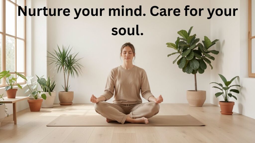 A person meditating in a calm, sunlit wellness studio surrounded by plants, representing Peace Captions for Mindfulness & Wellness Brands.