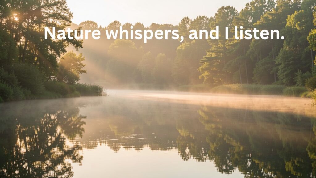 A calm lake surrounded by lush greenery at golden hour, soft sunlight reflecting on water, mist gently rising, evoking peace and serenity.