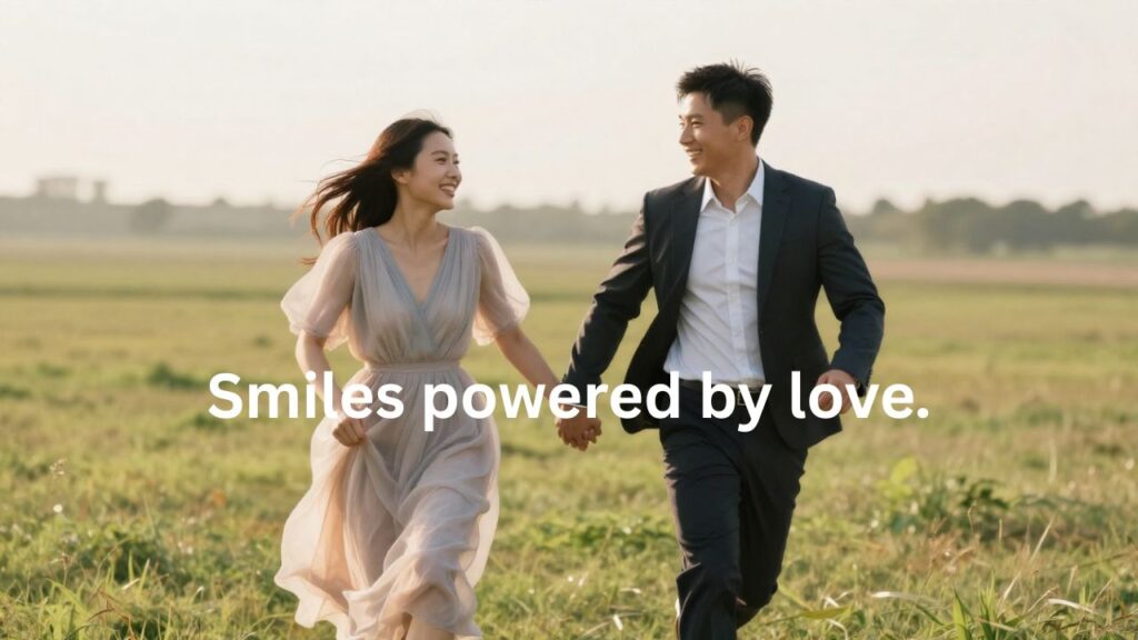 Playful engaged couple laughing and running hand in hand during a fun outdoor pre wedding photoshoot, golden sunset light and candid joyful moment, perfect for playful pre wedding shoot captions for Instagram.