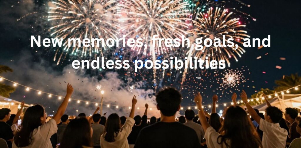 Positive End of the Year Captions for Instagram inspiration with festive fireworks, joyful celebrations, and bright lights welcoming the new year