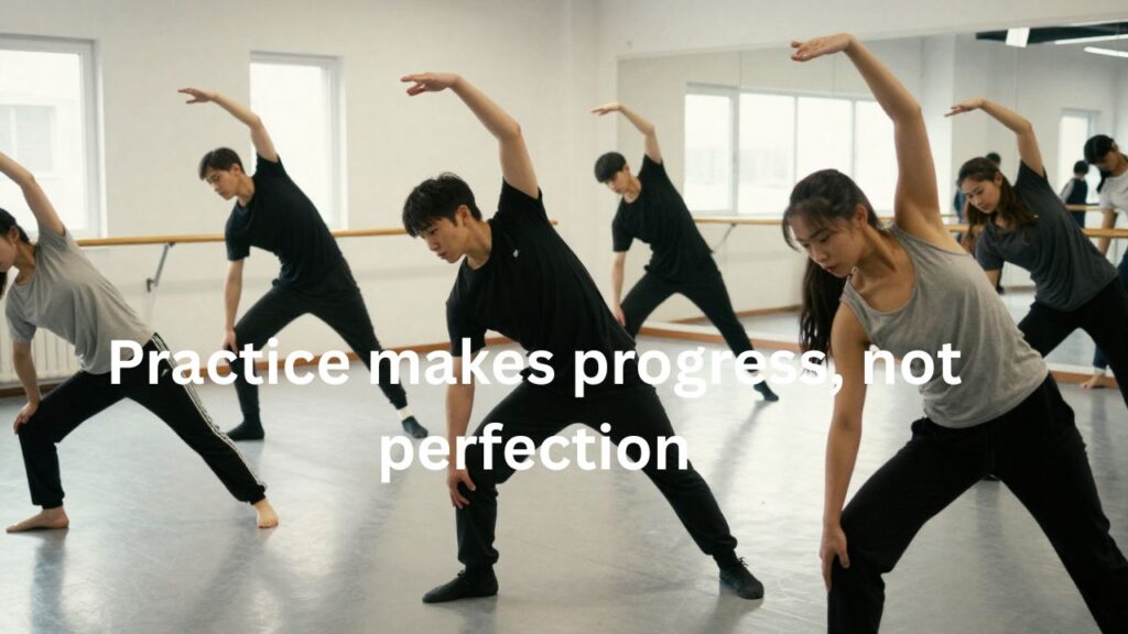 Dance practice, rehearsal, and behind-the-scenes moments in a dance studio, dancers stretching, rehearsing choreography, capturing preparation and dedication for a performance