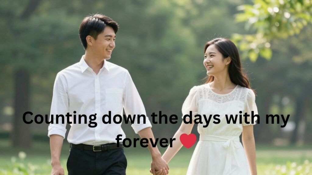 A happy couple enjoying their pre-wedding photoshoot in a sunlit park, holding hands and smiling at each other with soft golden light and a blurred dreamy background.