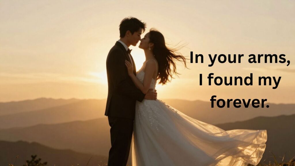 Romantic engaged couple embracing during a dreamy sunset pre wedding photoshoot, soft golden light and emotional pose, perfect for romantic pre wedding shoot captions for Instagram.