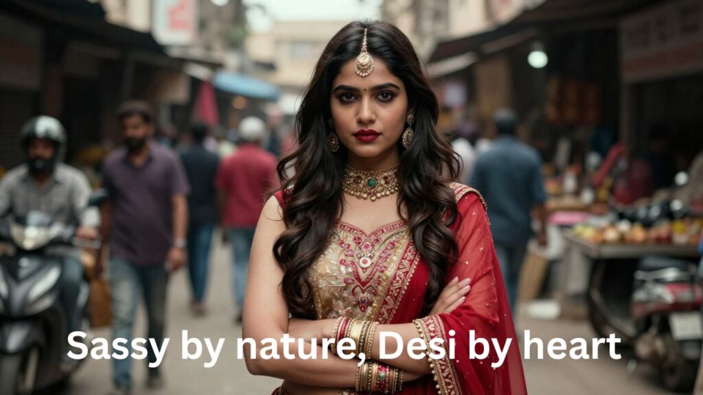 A confident Desi girl posing boldly, showcasing attitude, strong expressions, modern desi fashion, and fearless energy.