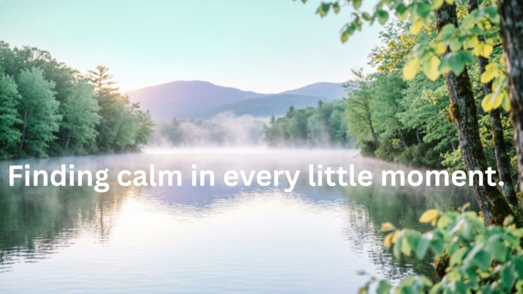 A serene landscape with soft sunlight filtering through trees over a calm lake, evoking peace and tranquility.