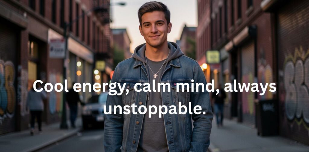 A stylish young man with confident body language, wearing casual modern clothes, standing against a city backdrop with a cool and confident attitude. Text overlay reads ‘Short Attitude Captions for Instagram for Boys’.