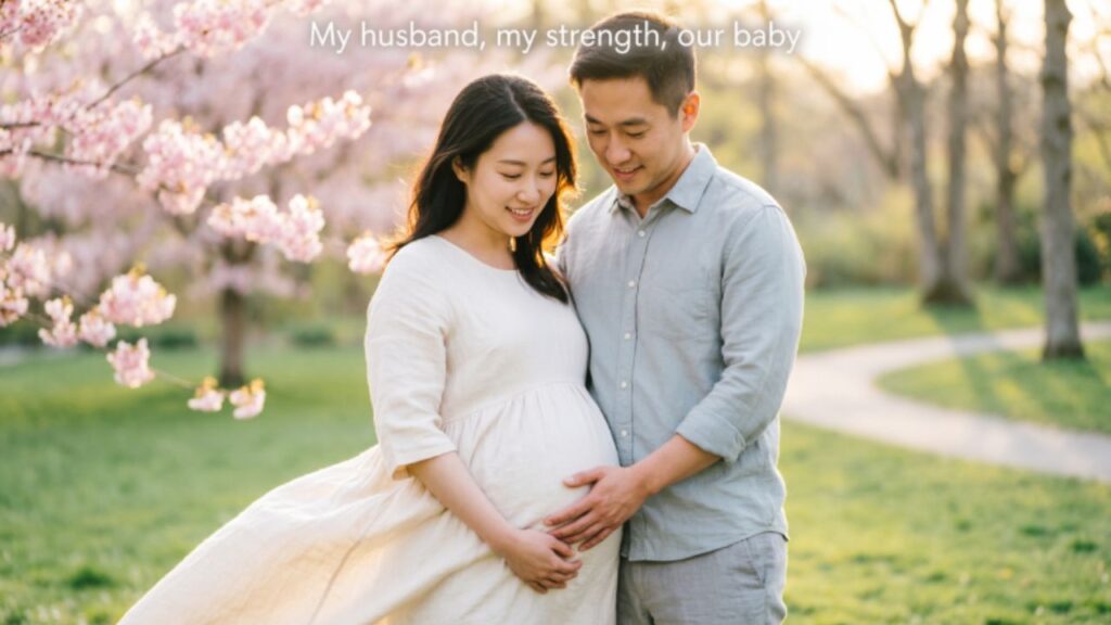 Romantic maternity couple photo with soft lighting and text “Short Captions for Maternity Shoot with Husband,” showing a loving pregnancy moment for Instagram.