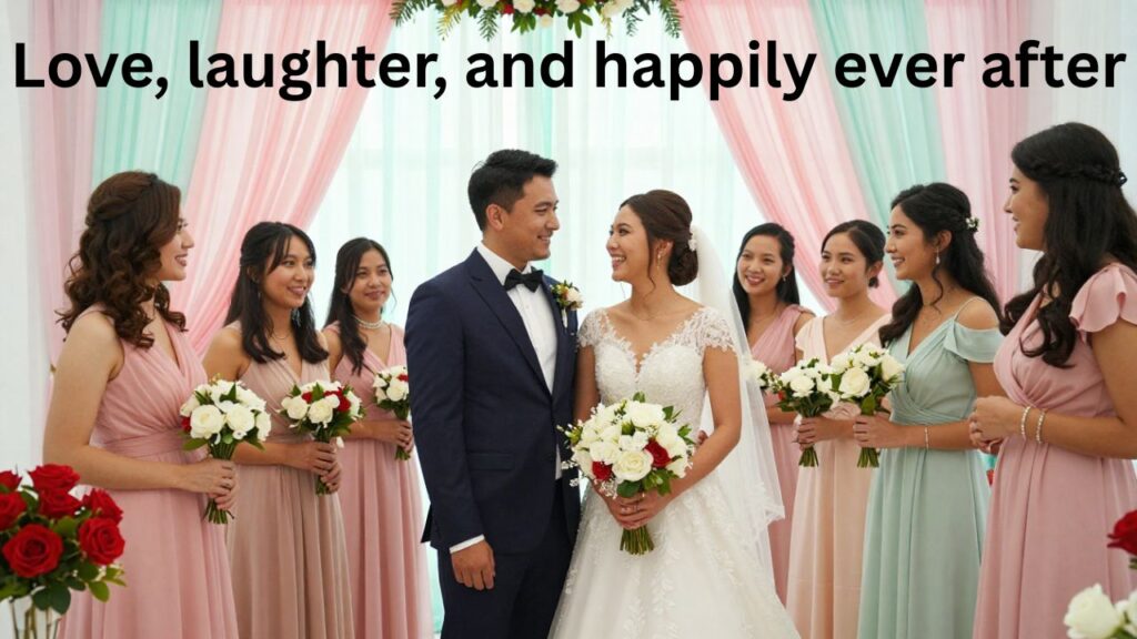 Happy couple and friends at a vibrant wedding celebration with elegant floral decorations, pastel drapes, and soft string lights, perfect for short wedding season captions on Instagram.