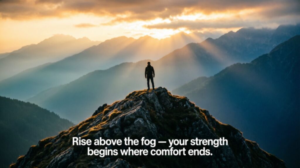 Sigma Captions for Confidence image featuring a lone silhouette on a mountain at sunrise with the quote 'Confidence stays quiet
