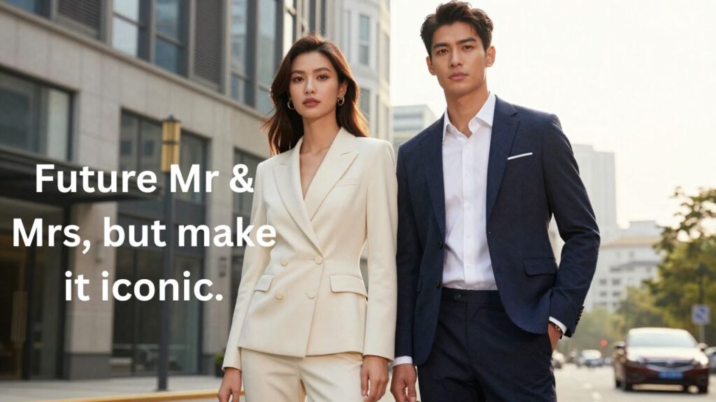 Stylish engaged couple posing confidently during a modern pre wedding photoshoot, fashionable outfits with urban background and golden hour lighting, perfect for stylish pre wedding shoot captions for Instagram.