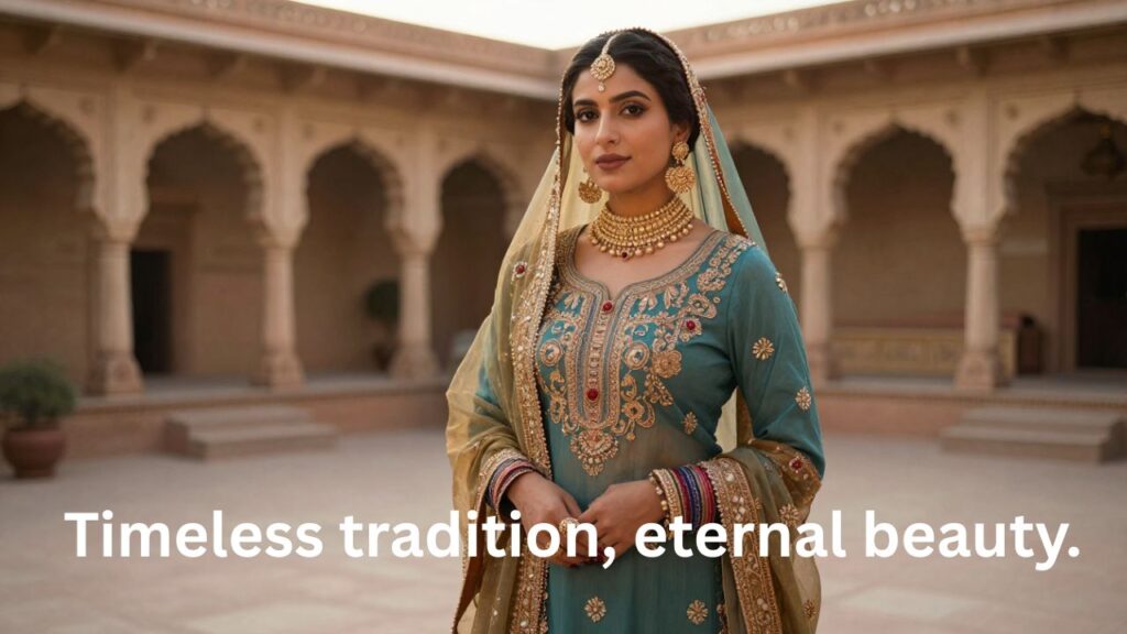 A girl dressed in traditional Desi attire, reflecting cultural heritage, timeless elegance, and graceful poise.