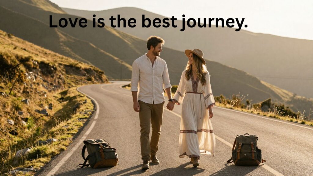 Adventurous engaged couple holding hands while walking on a scenic mountain road during a travel-themed pre wedding photoshoot, golden sunset light and romantic vibe, perfect for travel-themed pre wedding shoot captions for Instagram.