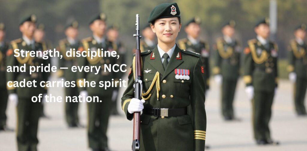 Smiling female NCC cadet in uniform standing on parade ground, holding a rifle, wearing medals and a beret, symbolizing courage, discipline, and leadership.