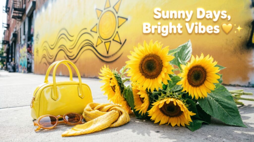 A trendy Instagram-style composition highlighting the color yellow, featuring sunflowers, neon signs, and stylish yellow accessories, radiating cheerful and vibrant energy