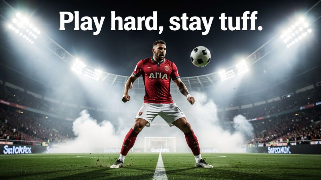 Determined football player in action on the field, showing strength, focus, and tough vibes for Instagram.