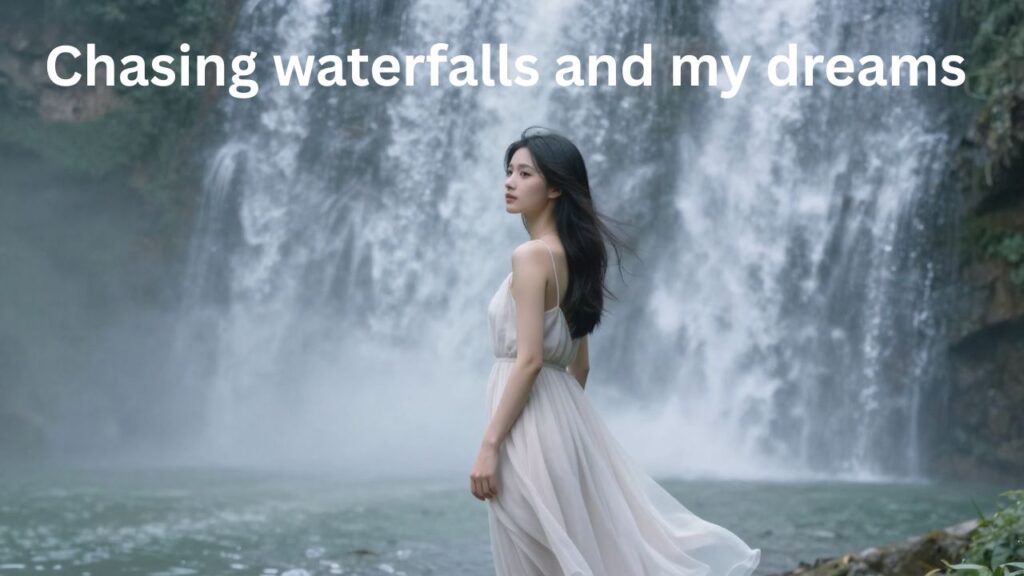 Girl standing near a beautiful waterfall with scenic nature background, perfect for Instagram waterfall captions and aesthetic girl photo quotes.