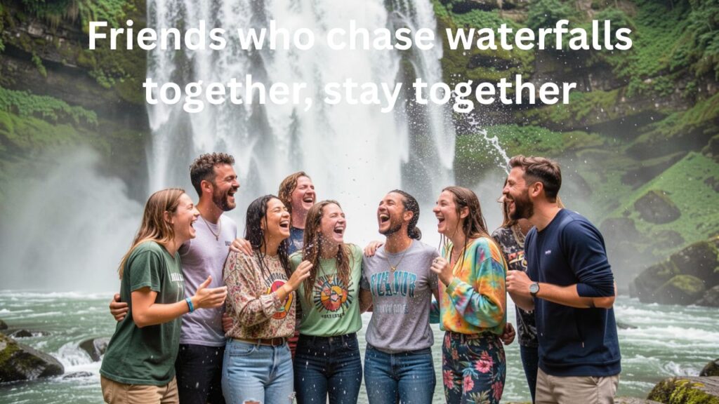 Waterfall Captions for Instagram with Friends – group of friends enjoying and posing near a beautiful waterfall with lush green nature background, perfect for fun and adventure Instagram photos.
