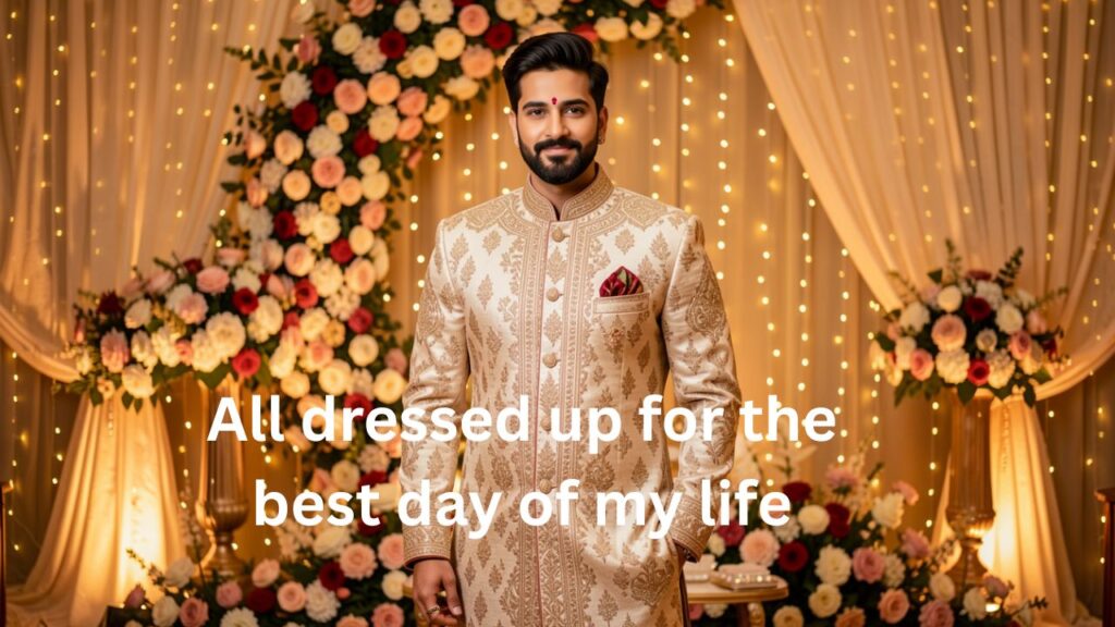 Handsome groom in elegant sherwani at a decorated wedding venue, glowing lights and floral décor in the background — perfect for Wedding Season Captions for Grooms.