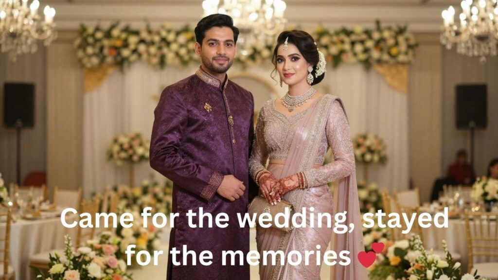 Stylish wedding guest posing at a decorated venue during wedding season – perfect for Wedding Season Captions for Guests.