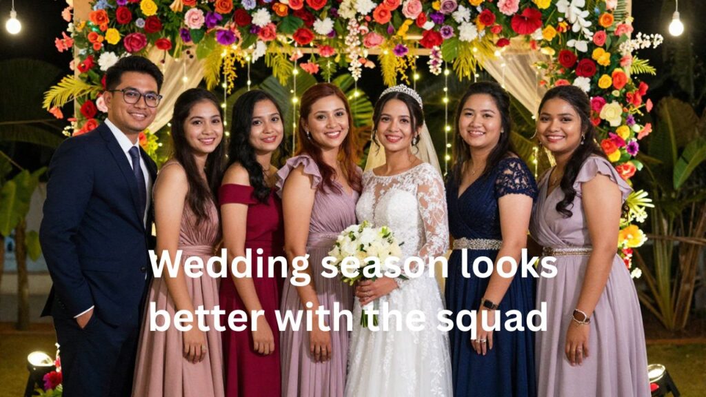 Group of friends enjoying and posing at a wedding — perfect for Wedding Squad Captions for Instagram. 