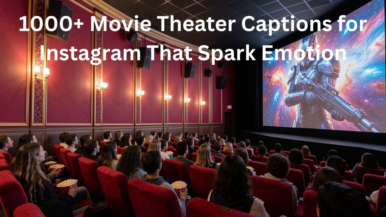 Movie theater scene with popcorn and a glowing screen, capturing the excitement and emotion of cinema for Instagram captions