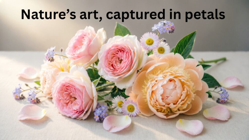 A dreamy and aesthetic arrangement of pastel-colored flowers, including roses, peonies, and wildflowers, styled artistically on a soft background for Instagram posts.