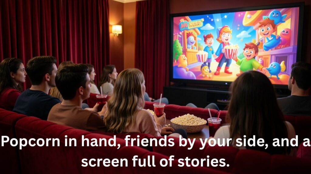 Friends enjoying popcorn and laughing while watching a movie in a cinema hall — perfect scene for Aesthetic Movie Theater Captions for Instagram.