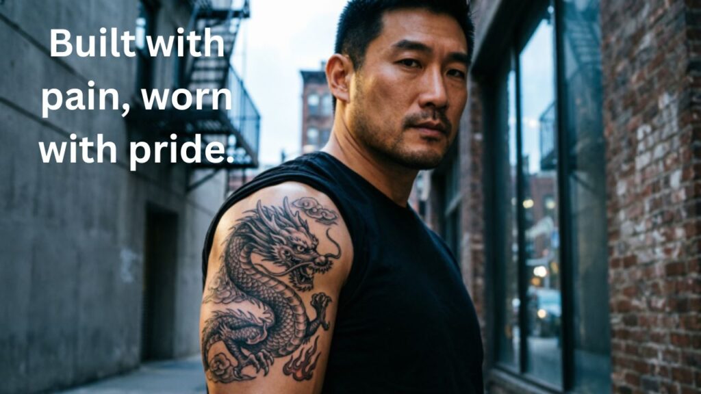 Bold arm tattoo for boys with strong black ink design