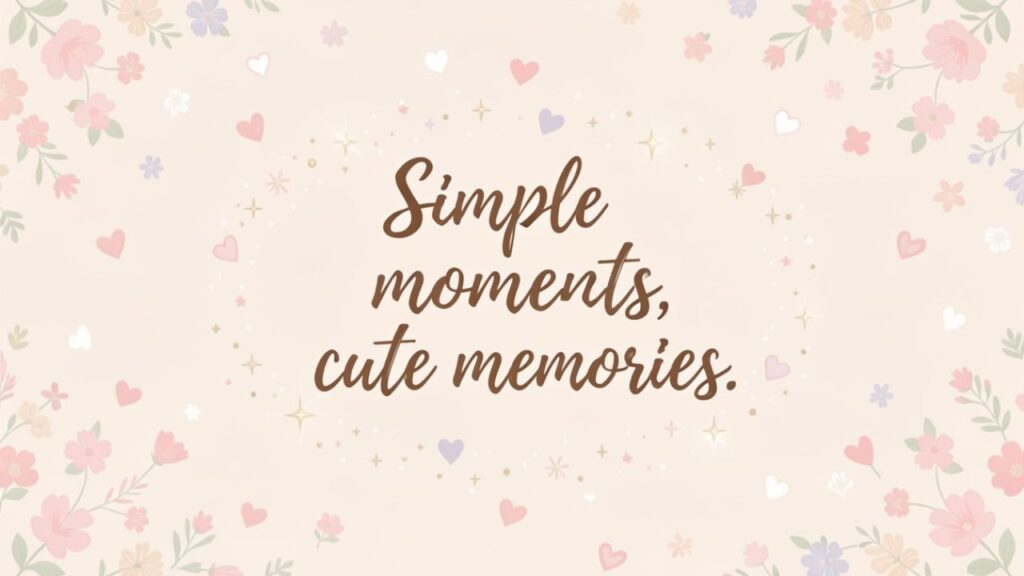 Cute minimalist aesthetic image featuring the title “Cute Simplicity Captions for Instagram” in soft pastel colors with small flowers, a notebook, and a coffee cup on a clean desk, creating a sweet and calm Instagram vibe.