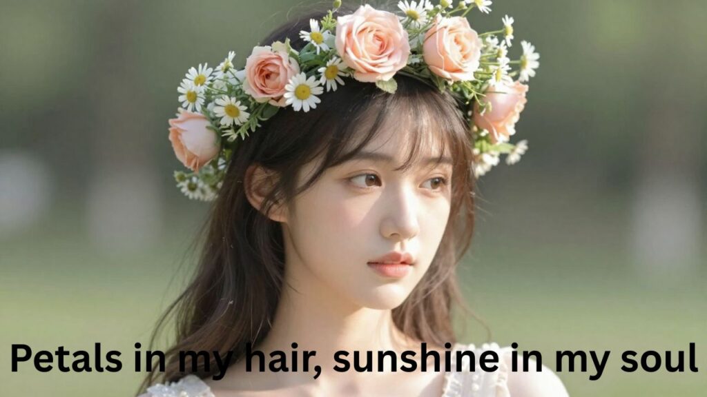 A young woman wearing a beautiful flower crown made of roses, daisies, and wildflowers, styled aesthetically with soft sunlight and a dreamy background, perfect for Instagram posts. Ideal for Flower Crown Captions for Instagram.