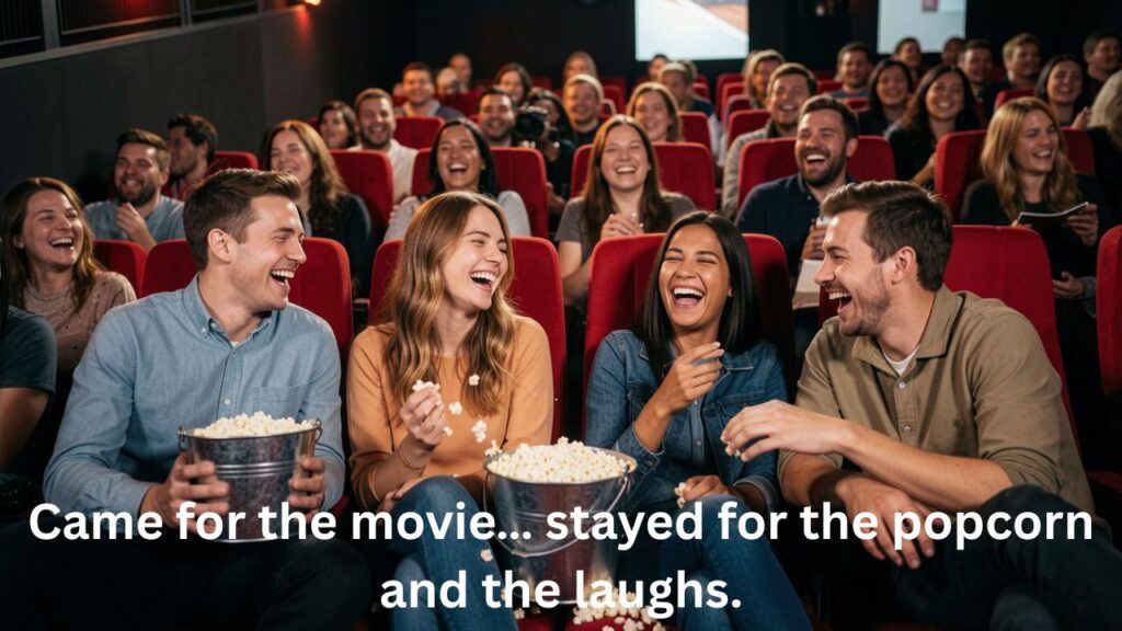 Friends laughing loudly in a movie theater while watching a funny scene on the big screen — perfect moment for Funny Movie Theater Captions for Instagram.