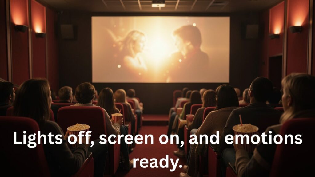 Friends sitting in a movie theater with popcorn, watching a bright cinema screen and enjoying a fun movie night together.
