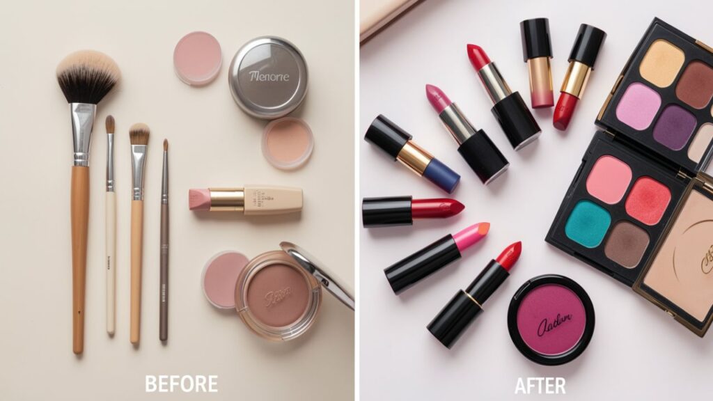 Makeup before and after transformation showcasing beauty enhancement and professional makeup artistry.