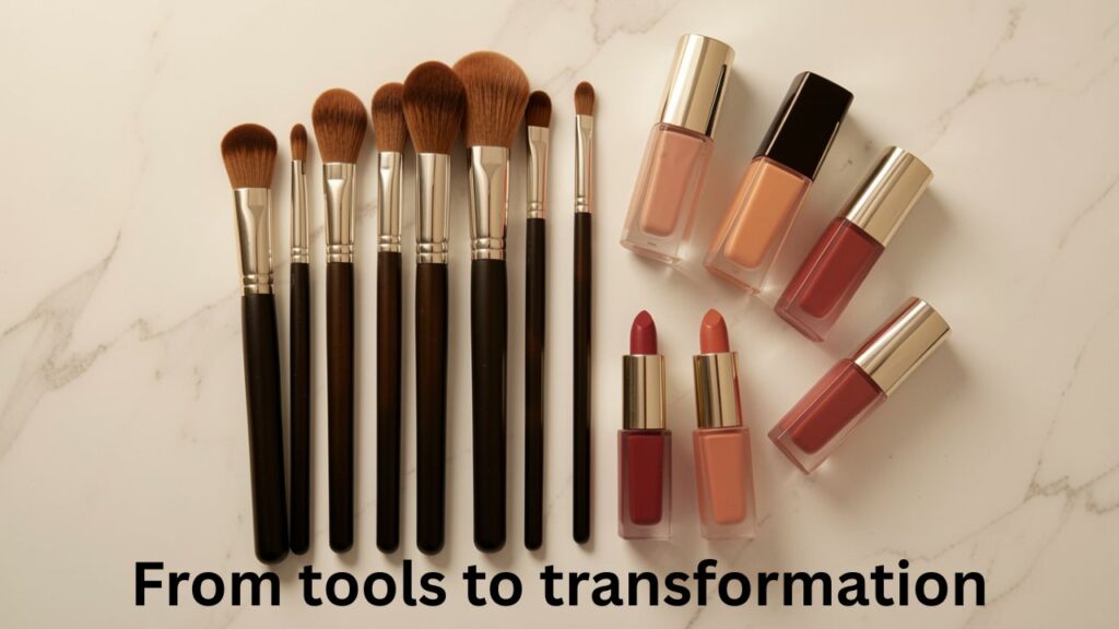 Motivational makeup captions theme with beauty products symbolizing confidence and creativity