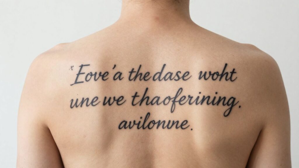 Close-up of a delicate tattoo on forearm featuring a famous movie quote in fine black ink, minimalistic design, neutral background, soft natural lighting, Instagram aesthetic, realistic skin texture, high resolution, professional photography, no text overlay, no watermark