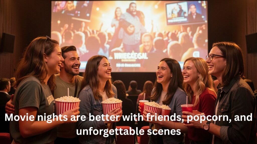 A group of friends sitting together in a cozy movie theater, holding popcorn and drinks, enjoying a film on the big screen — perfect for Movie Theater Captions for Instagram with Friends.